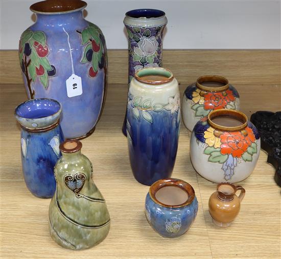 A group of Doulton Lambeth stoneware vases tallest 35cm (9)